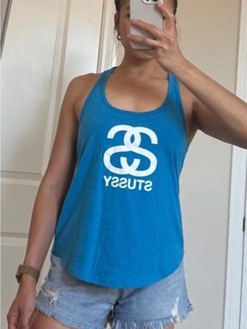 Vintage Stussy Women's Bright Blue Racerback Tank with White Logo Size M